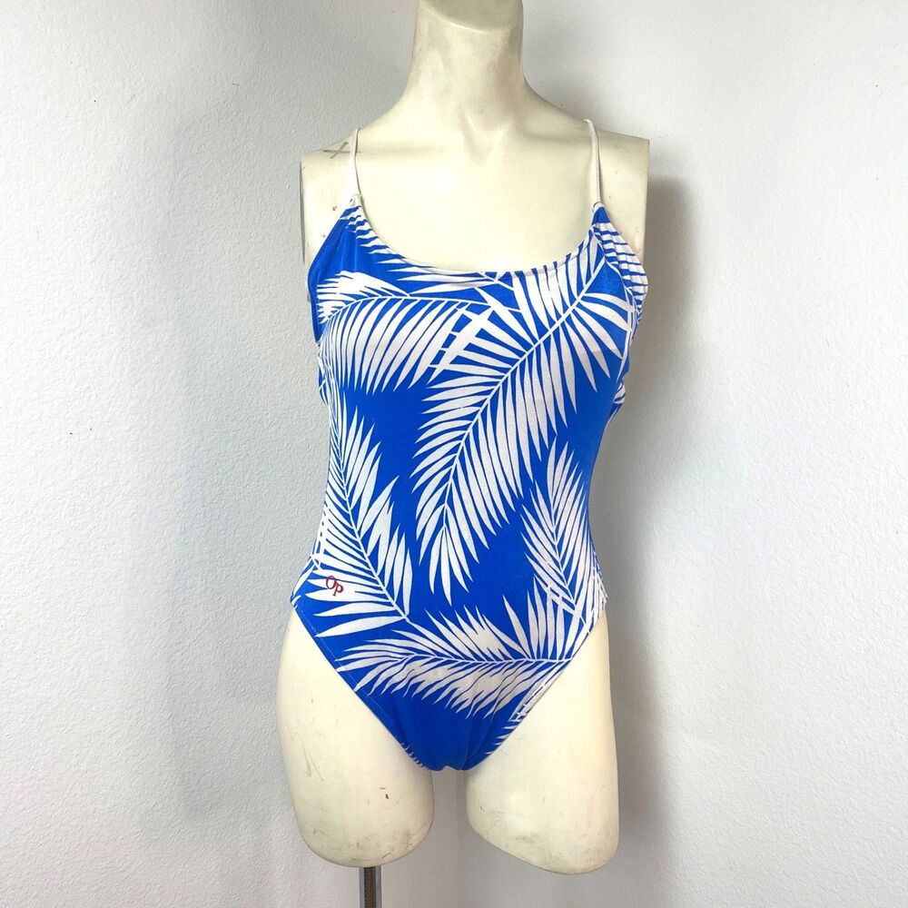 Ocean Pacific OP One Piece Swimsuit Small Blue White Tropical Leaves Beach Wear